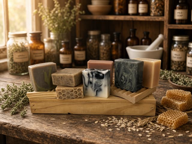Assorted handmade bars on a wooden crate with honeycomb and oats