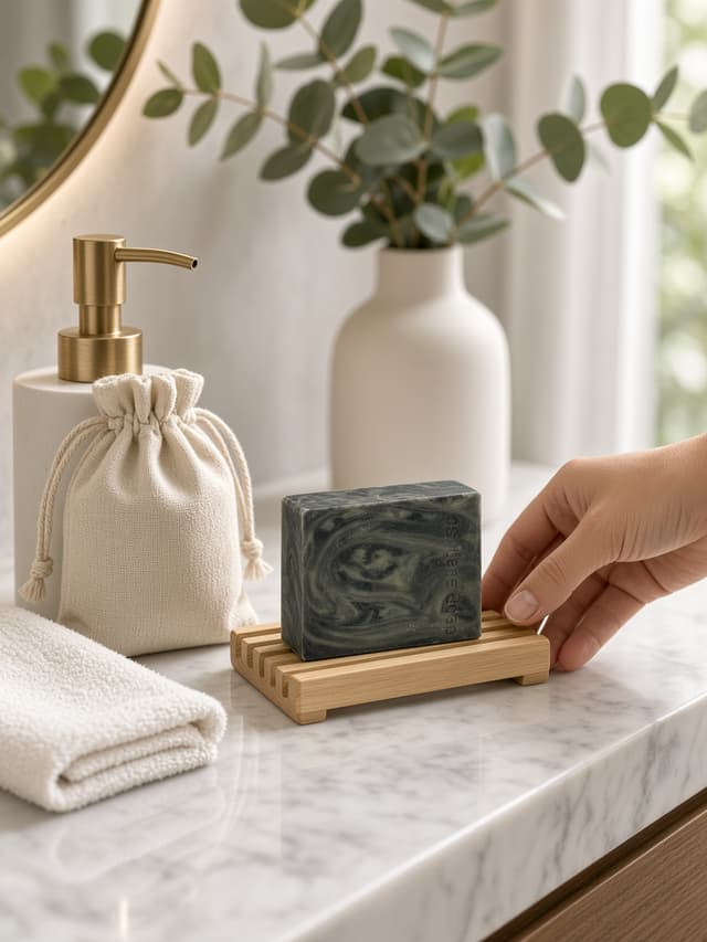 Charcoal swirled bar on a wooden soap dish held by a hand