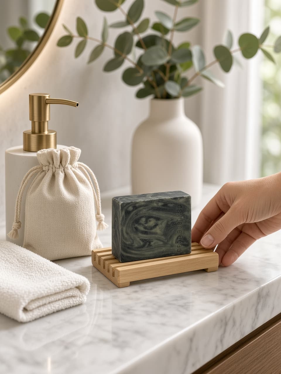 Slatted wooden soap dish with a bar on top