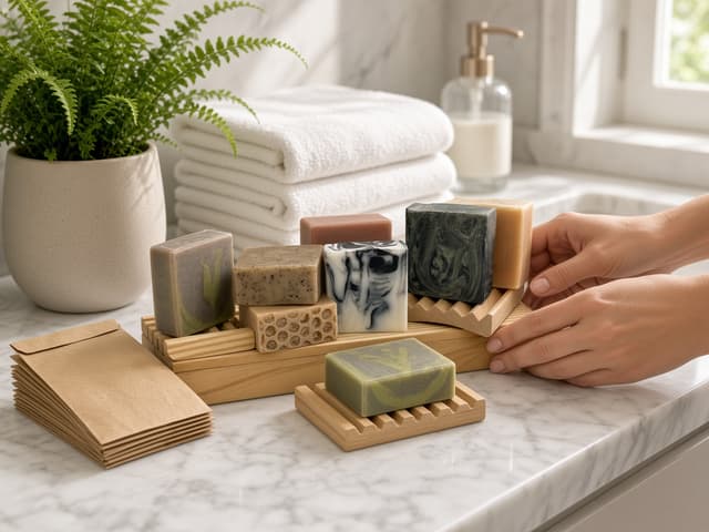 Assorted bars on a wooden tray with a green kudzu bar in front