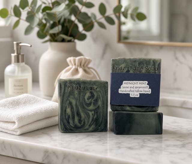 Two Midnight Mint bars with dark green and black swirls on a marble counter
