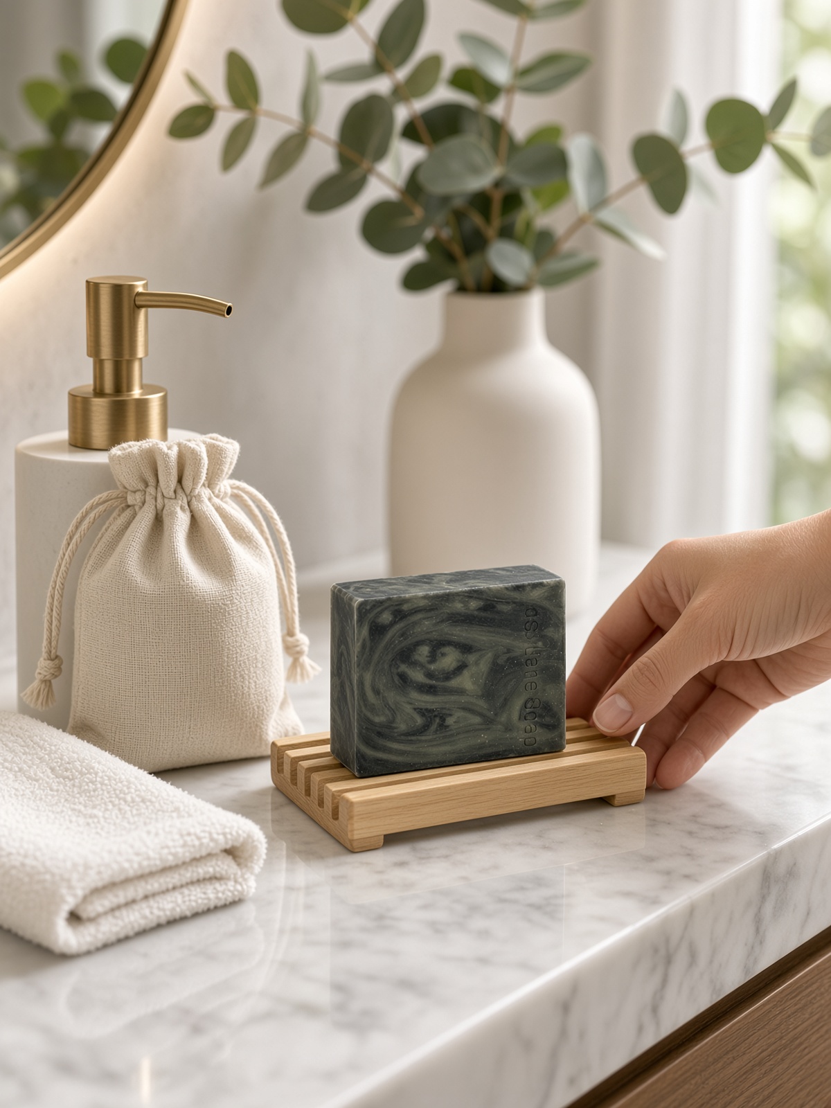 Charcoal swirl soap bar resting in a dish